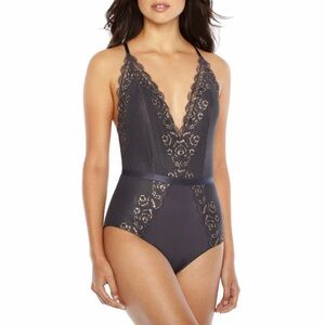 Vintage Ambrielle Dark Gray Spandex & Mesh Bodysuit Teddy, XL, NWT